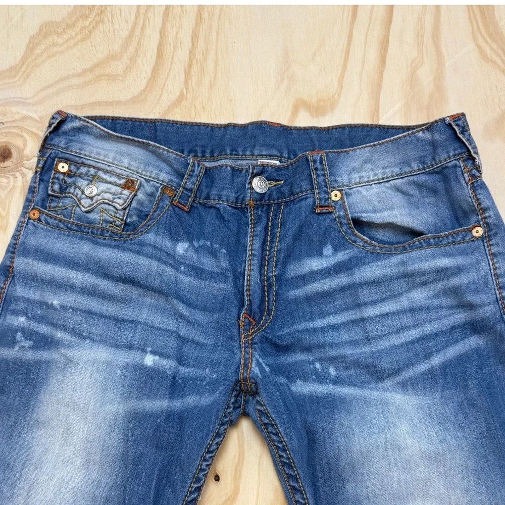 True Religion Mens Straight Flap OM Big T Jeans Blue Distressed Splatter Size 40